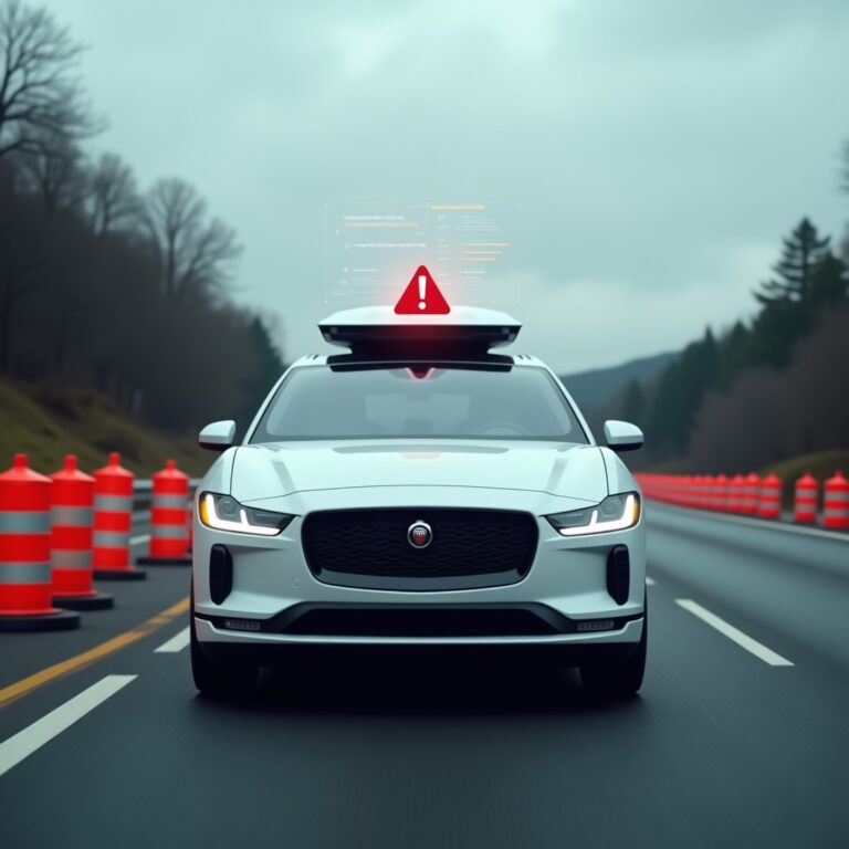A lone Waymo robotaxi pulled over on the side of a highway near orange construction cones, with a digital overlay showing a software warning icon